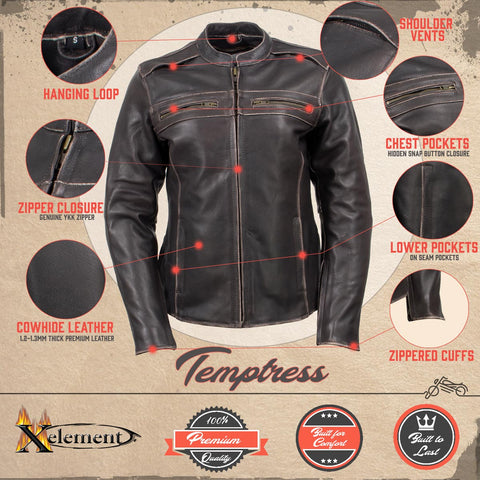 Xelement XS2002 Women's 'Temptress' Distress Brown Leather Armored Motorcycle Biker Jacket