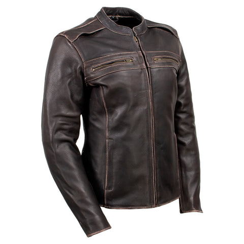 Xelement XS2002 Women's 'Temptress' Distress Brown Leather Armored Motorcycle Biker Jacket