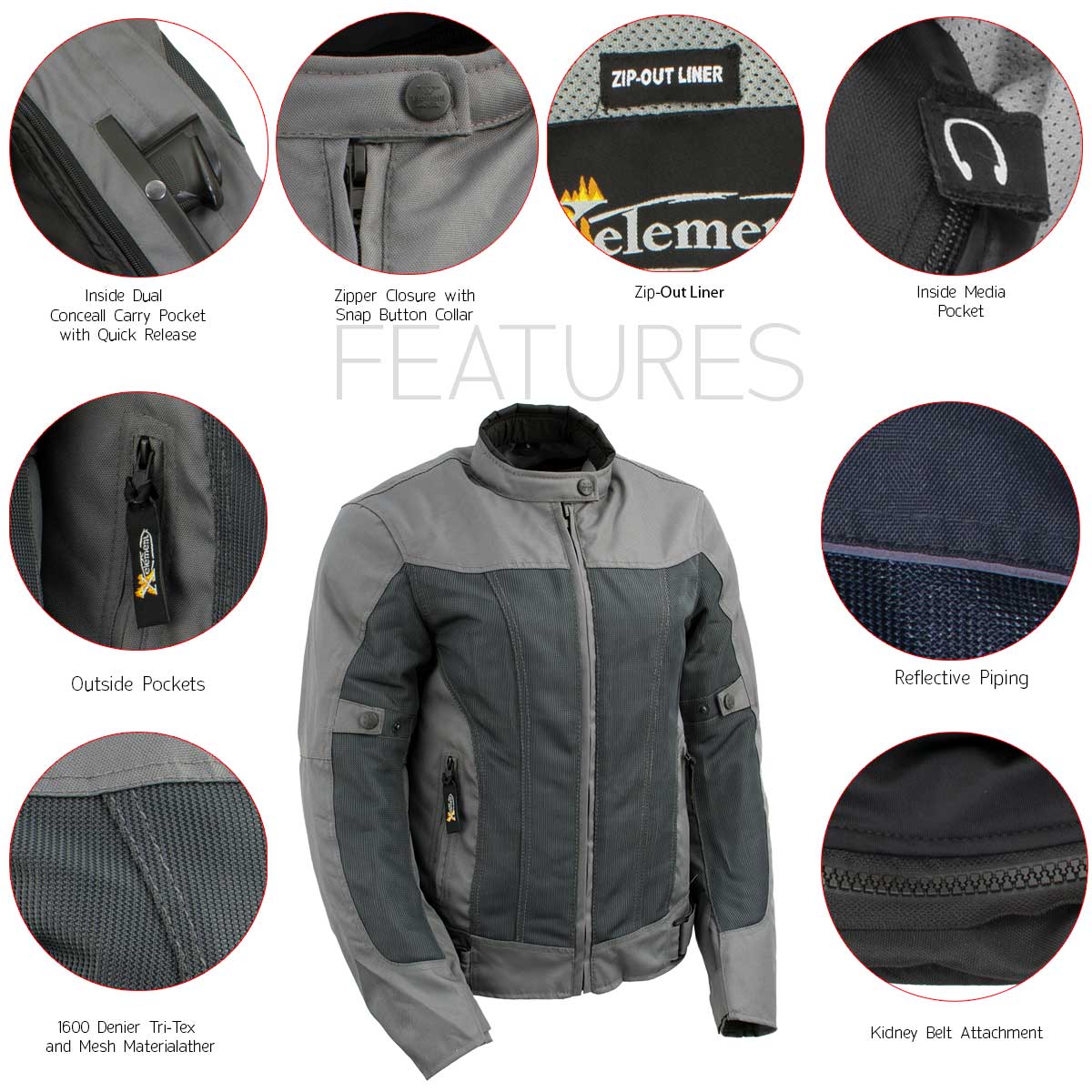 Xelement XS22012 Women's 'Shade' Grey Textile and Mesh Scooter Motorcycle Biker Jacket with X-Armor