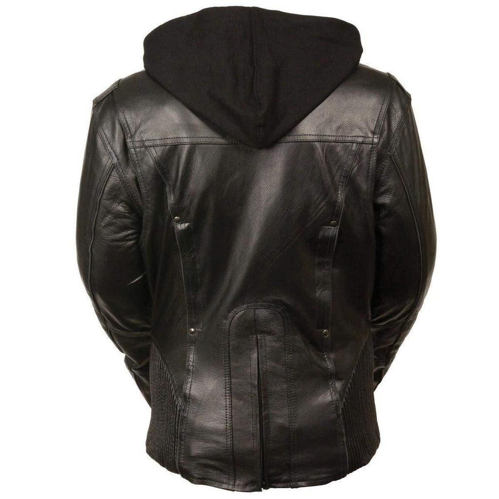 Milwaukee Leather ML2066 Women's 3/4 Black Leather Hoodie Jacket with Reflective Tribal Design - Milwaukee Leather Womens Leather Jackets