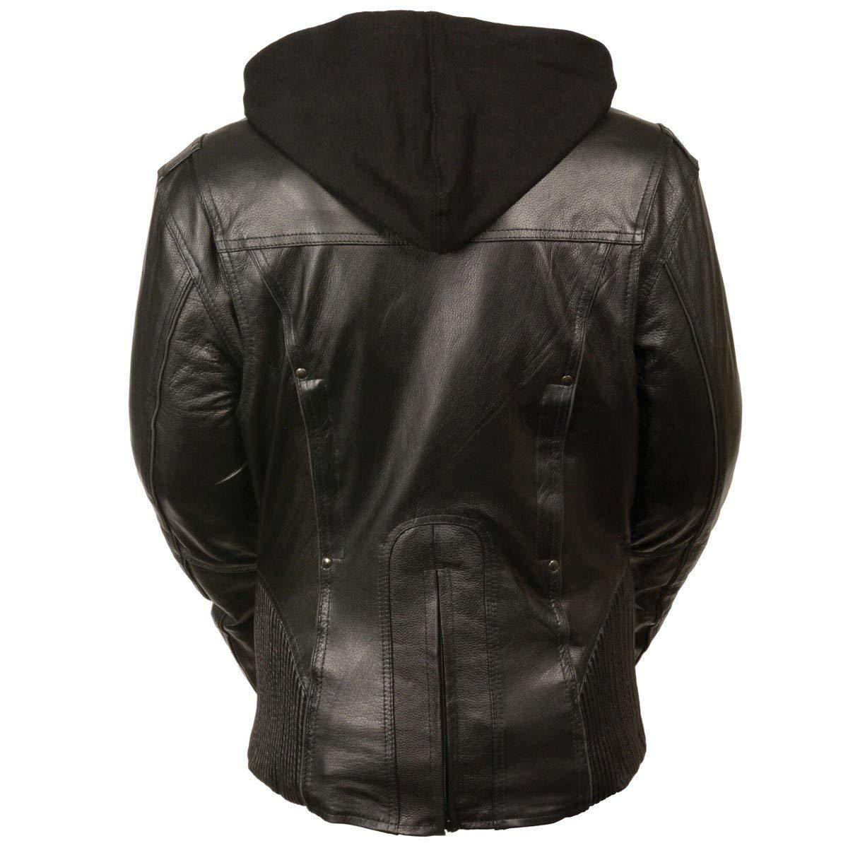 Milwaukee Leather ML2066 Women's 3/4 Black Leather Hoodie Jacket with Reflective Tribal Design - Milwaukee Leather Womens Leather Jackets