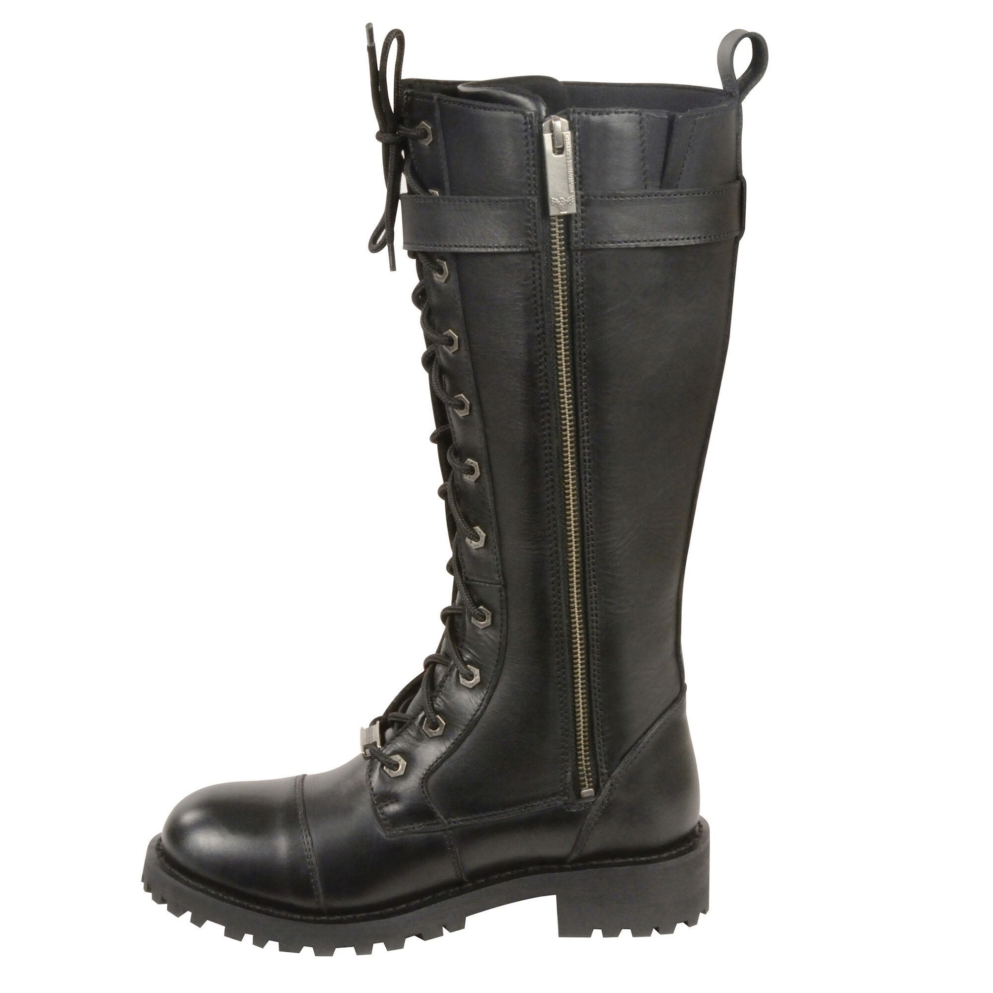 Milwaukee Leather MBL9355 Womens Black 14-inch Lace-Up High-Rise Leather Boots with Calf Buckle - Milwaukee Leather Womens Boots