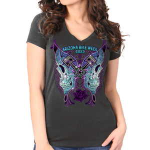 2023 Arizona Bike Week Butterfly Skull V-Neck Ladies Tee AZL1437