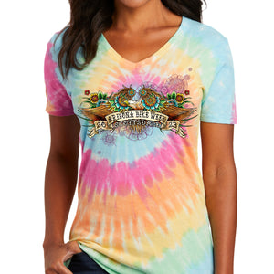2023 Arizona Bike Week Tattoo Eagle Tie Dye V-Neck Ladies Shirt AZL1442