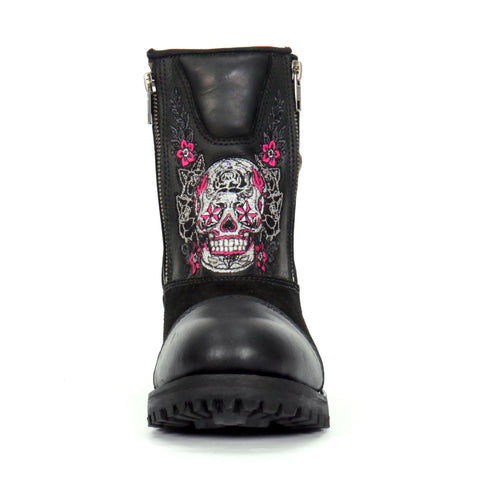 Hot Leathers Ladies Black Double Zip Sugar Skull Cap Toe Leather Boot BTL1009