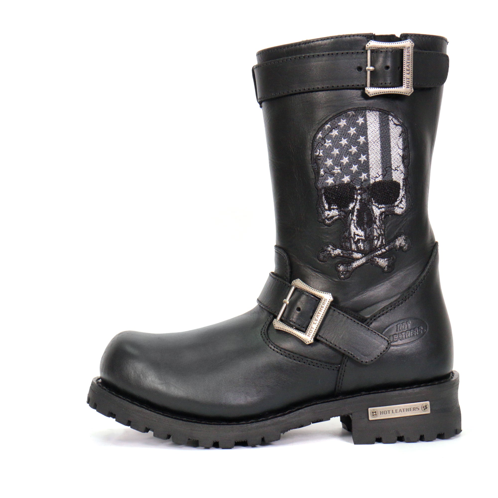 Hot Leathers BTM1018 Men’s Black Tall Harness Flag Skull Boot with Round Toe