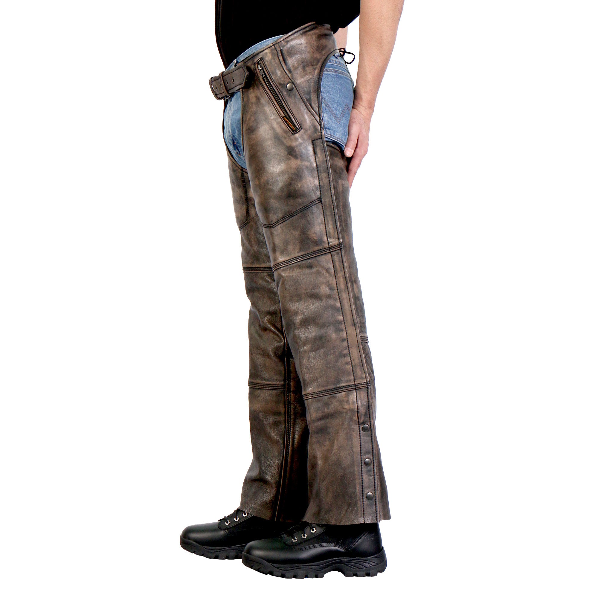Hot Leathers CHM1008 Unisex Motorcycle style Distressed Brown Premium Leather Biker Chaps