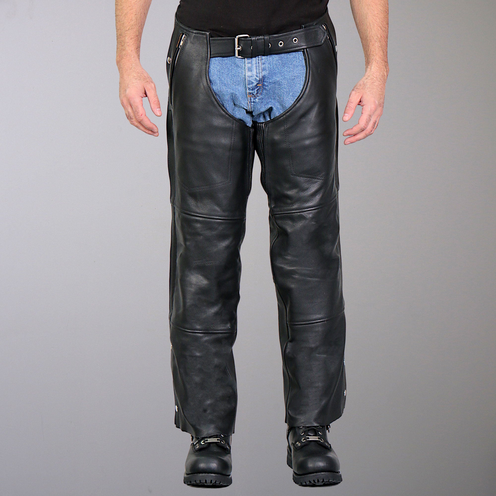 Hot Leathers CHM1010 Mens Black Motorcycle 4 Pocket Leather Biker Chaps with Lining