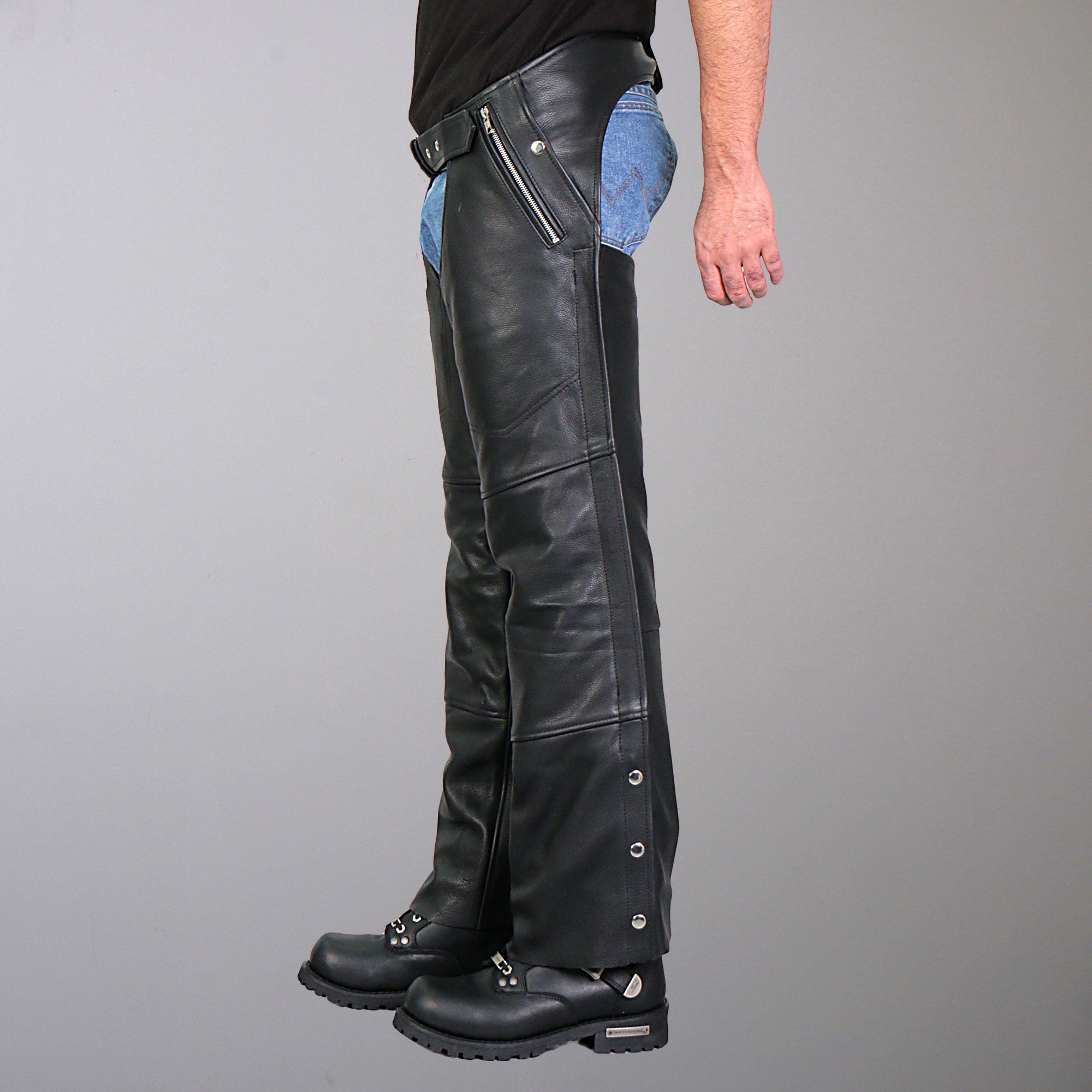 Hot Leathers CHM1010 Mens Black Motorcycle 4 Pocket Leather Biker Chaps with Lining