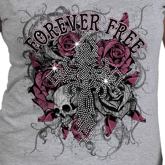 Hot Leathers GLC1557 Ladies Heather Gray Forever Free Cross Bling T Shirt
