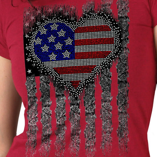 Hot Leathers GLC1558 Ladies Antique Cherry Heart Bling Flag Shirt