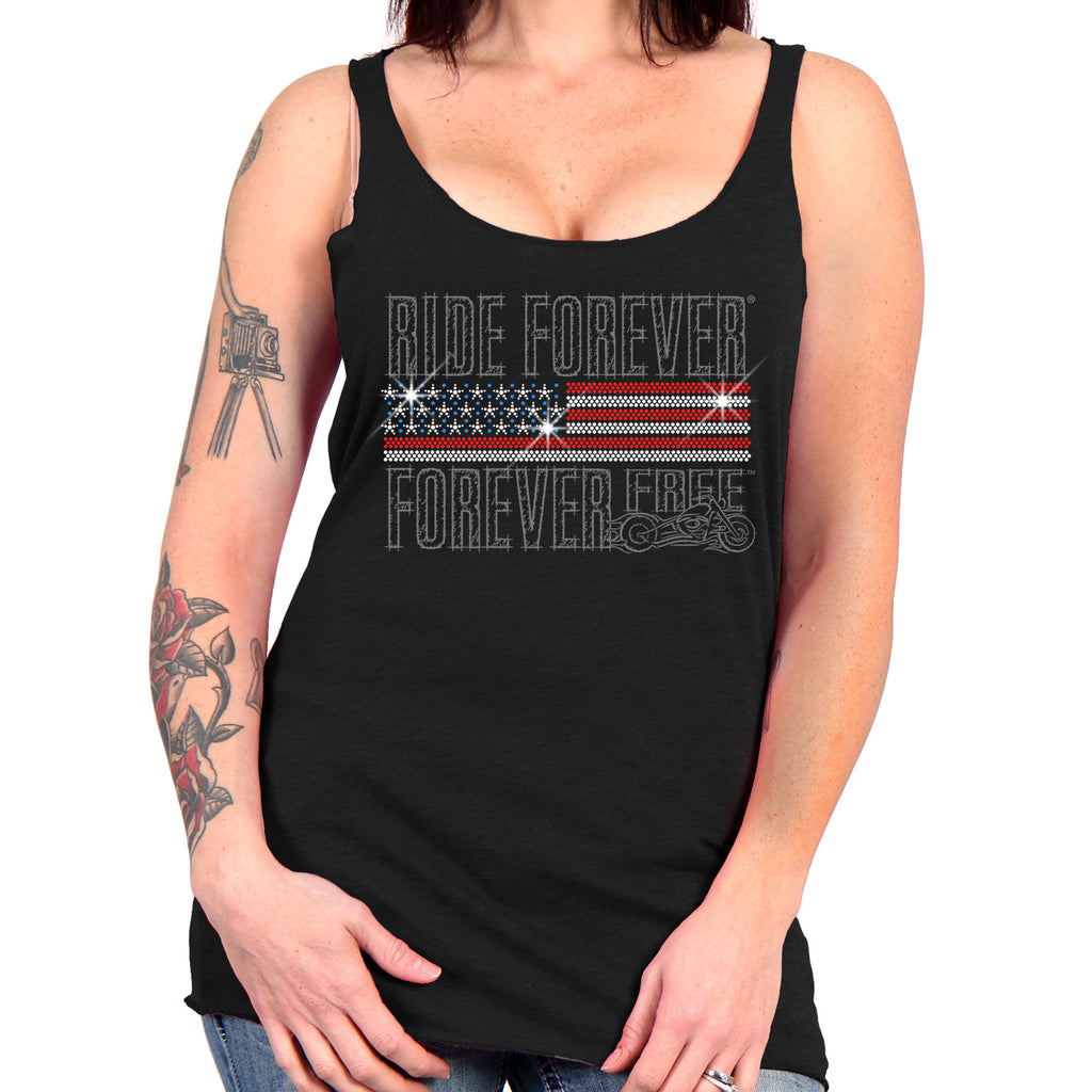 Hot Leathers GLC2443 Ladies 'Ride Forever, Forever Free' US Flag with Bling Black Tank Top