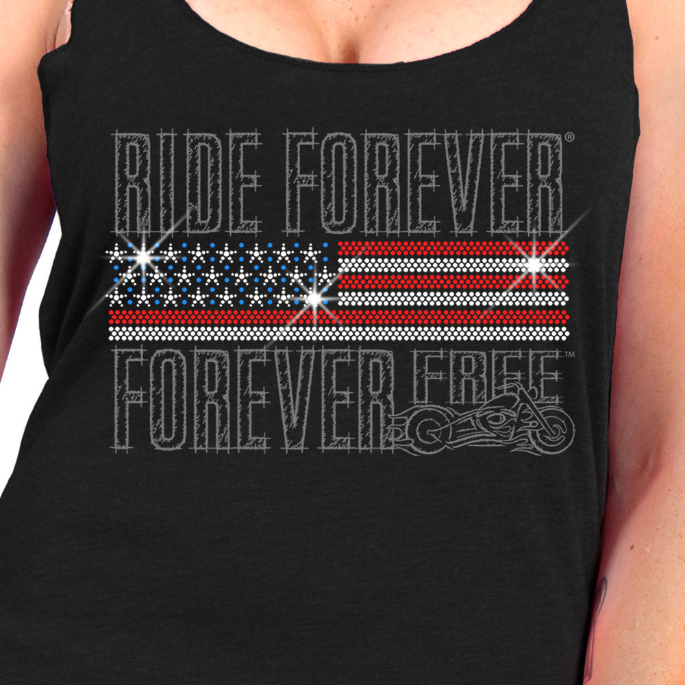Hot Leathers GLC2443 Ladies 'Ride Forever Forever Free' US Flag with Bling Black Tank Top