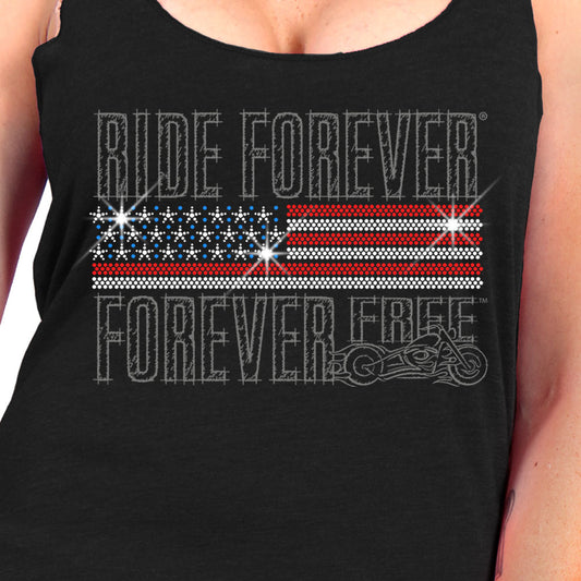 Hot Leathers GLC2443 Ladies 'Ride Forever, Forever Free' US Flag with Bling Black Tank Top