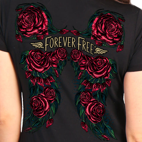 Hot Leathers  Ladies Black Rose Wings V-Neck T-Shirt GLD1550