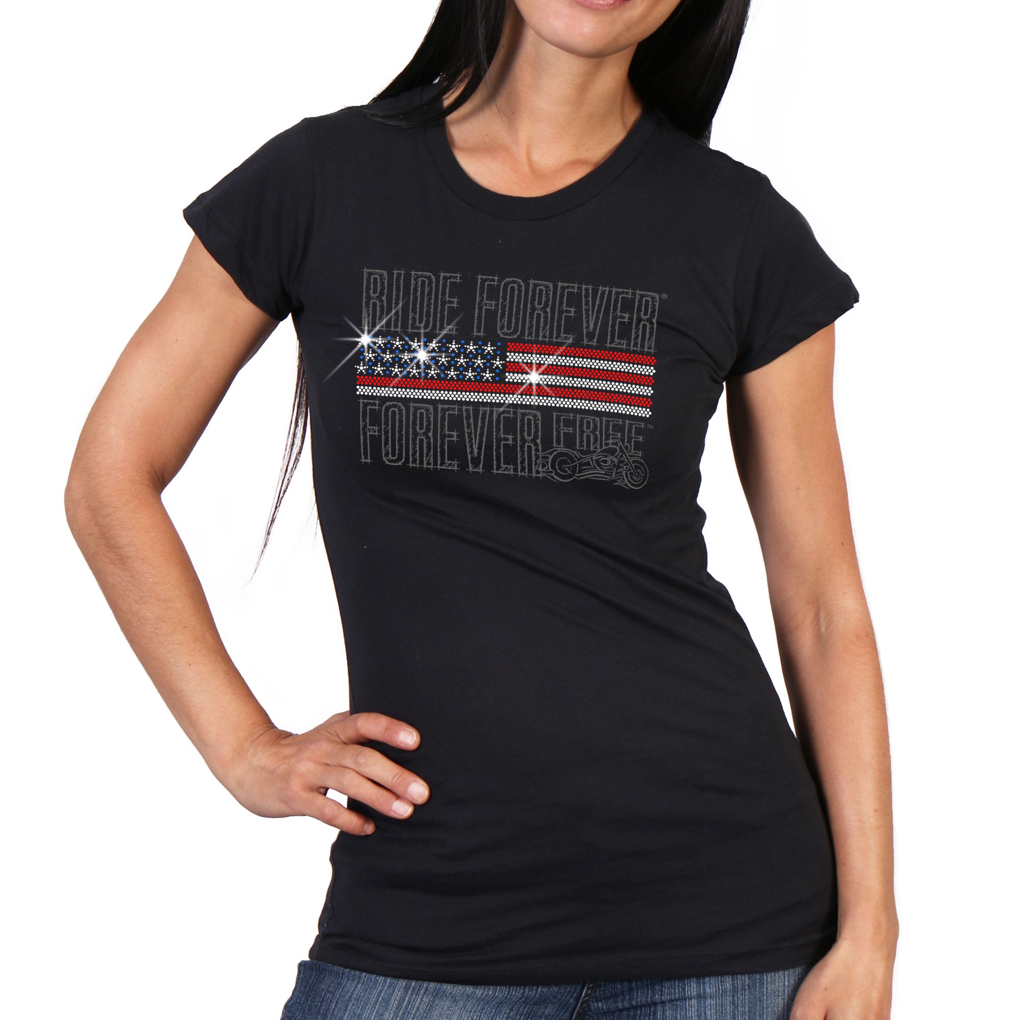 Hot Leathers GLR1428 Flag Bling Full Cut Short Sleeve Ladies Black T-Shirt