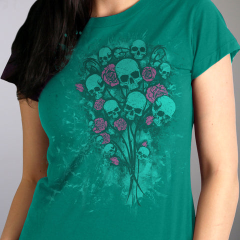 Hot Leathers GLR1527 Ladies Skull Bouquet Full Cut Carolina Blue T-Shirt