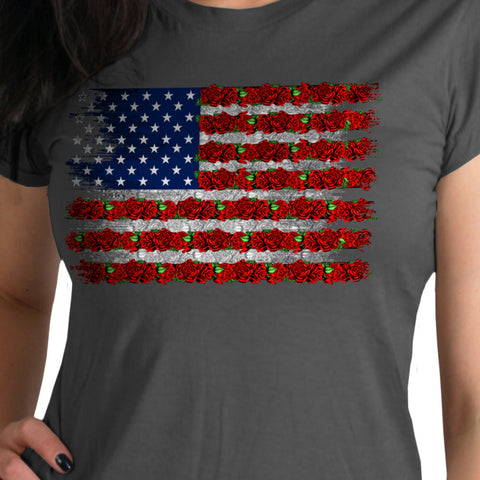 Hot Leathers Ladies Short Sleeve Flag Rose T-Shirt