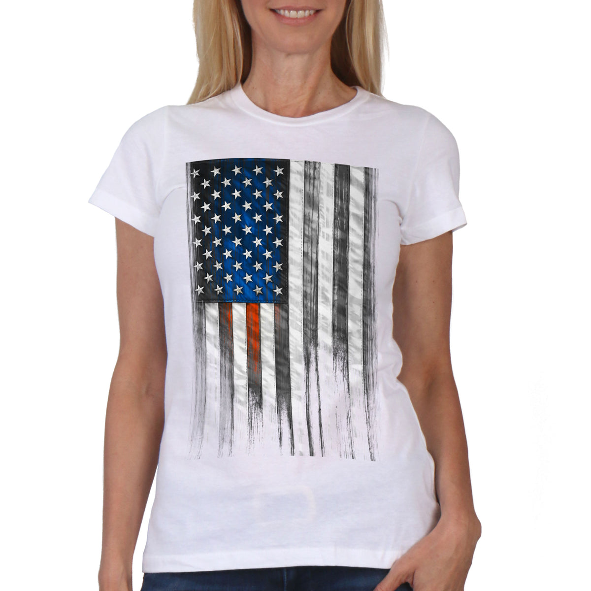 Hot Leathers GLR1569 Ladies White Short Sleeve Heartbeat Flag T Shirt