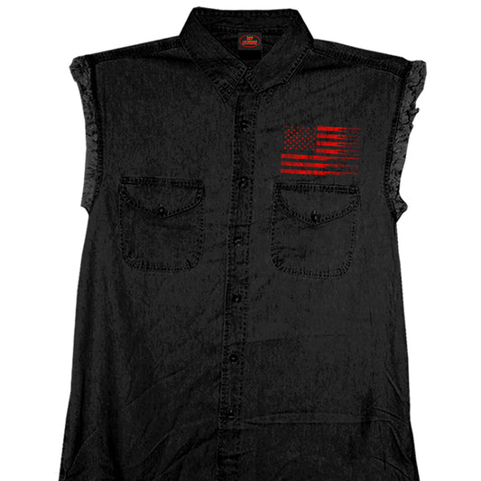 Hot Leathers GMD5430 Mens Black Flag Bullets Sleeveless Black Denim Shir