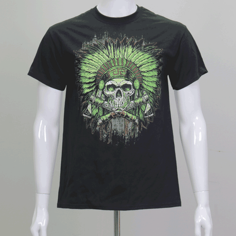 Hot Leathers GMS1463 Mens Green Indian Headdress Skull Black T-Shirt