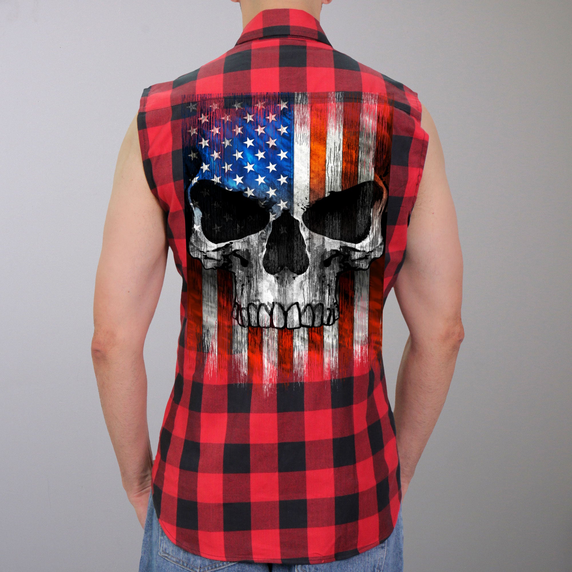 Hot Leathers GMS3491 Mens Black and Red Patriot Skull Sleeveless Flannel Shirt