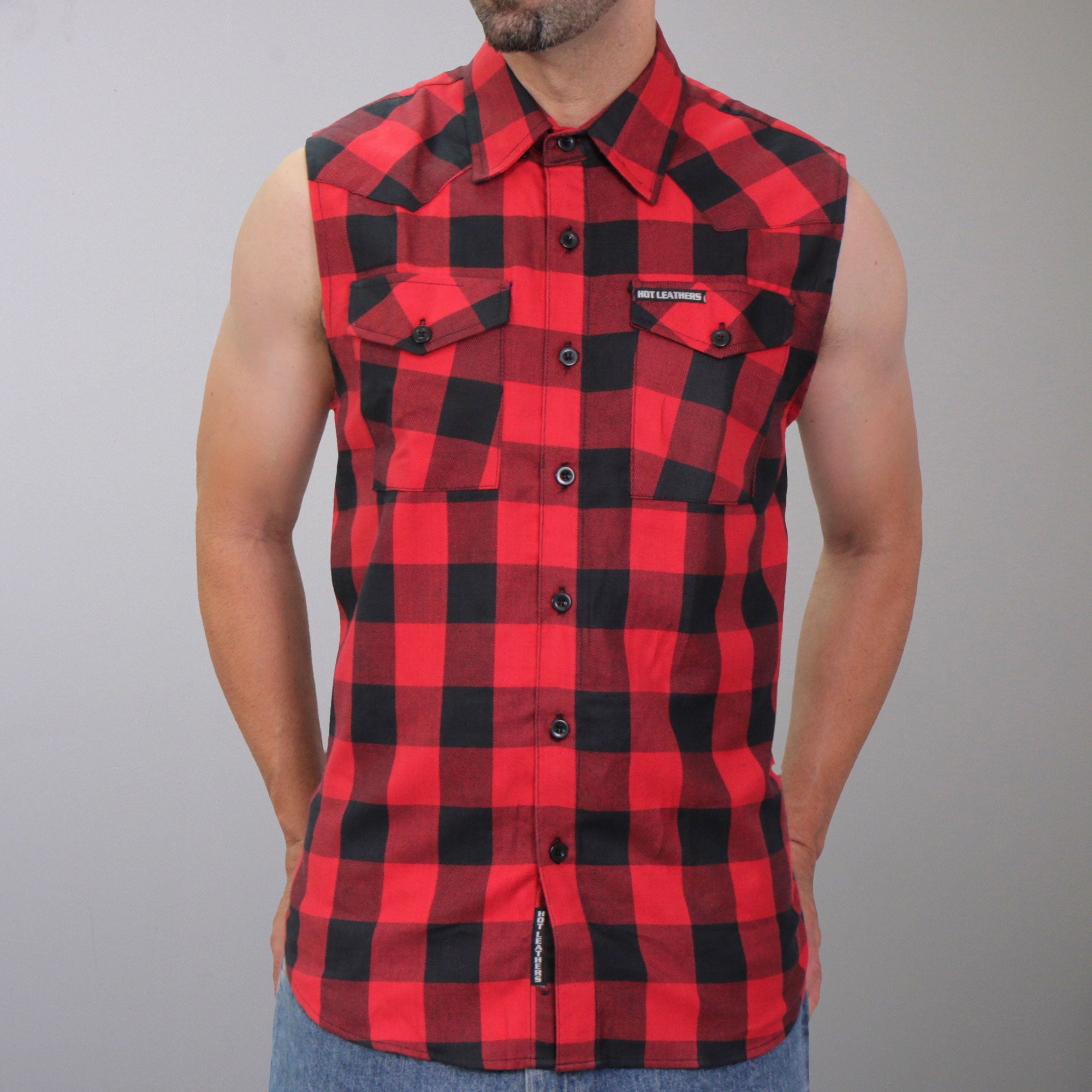 Hot Leathers GMS3491 Mens Black and Red Patriot Skull Sleeveless Flannel Shirt