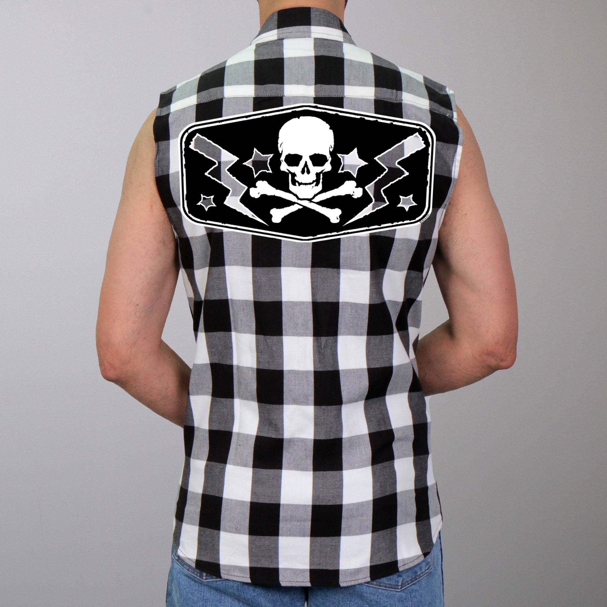 Hot Leathers GMS3490 Mens Black and White Skull Sleeveless Flannel Shirt