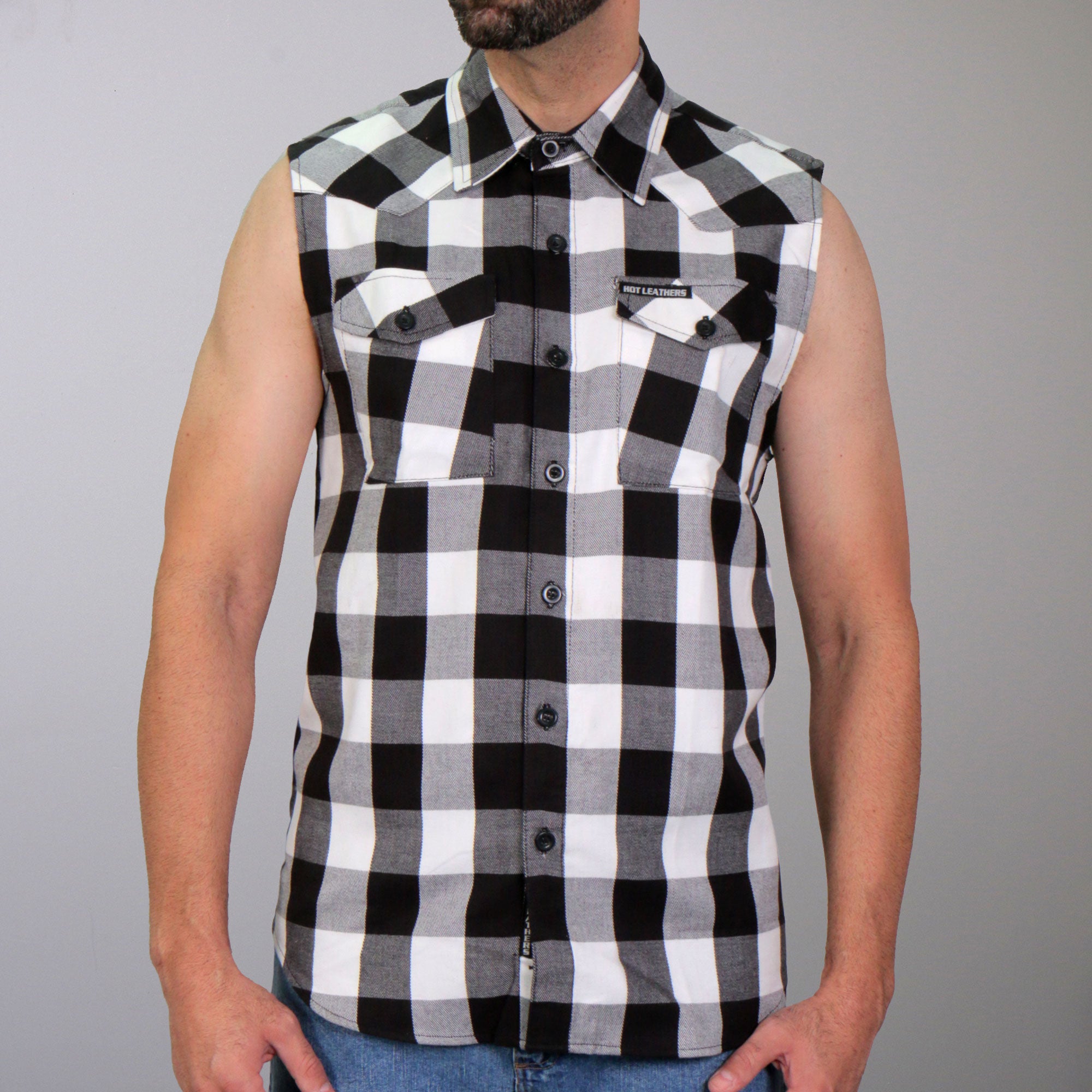 Hot Leathers GMS3490 Mens Black and White Skull Sleeveless Flannel Shirt
