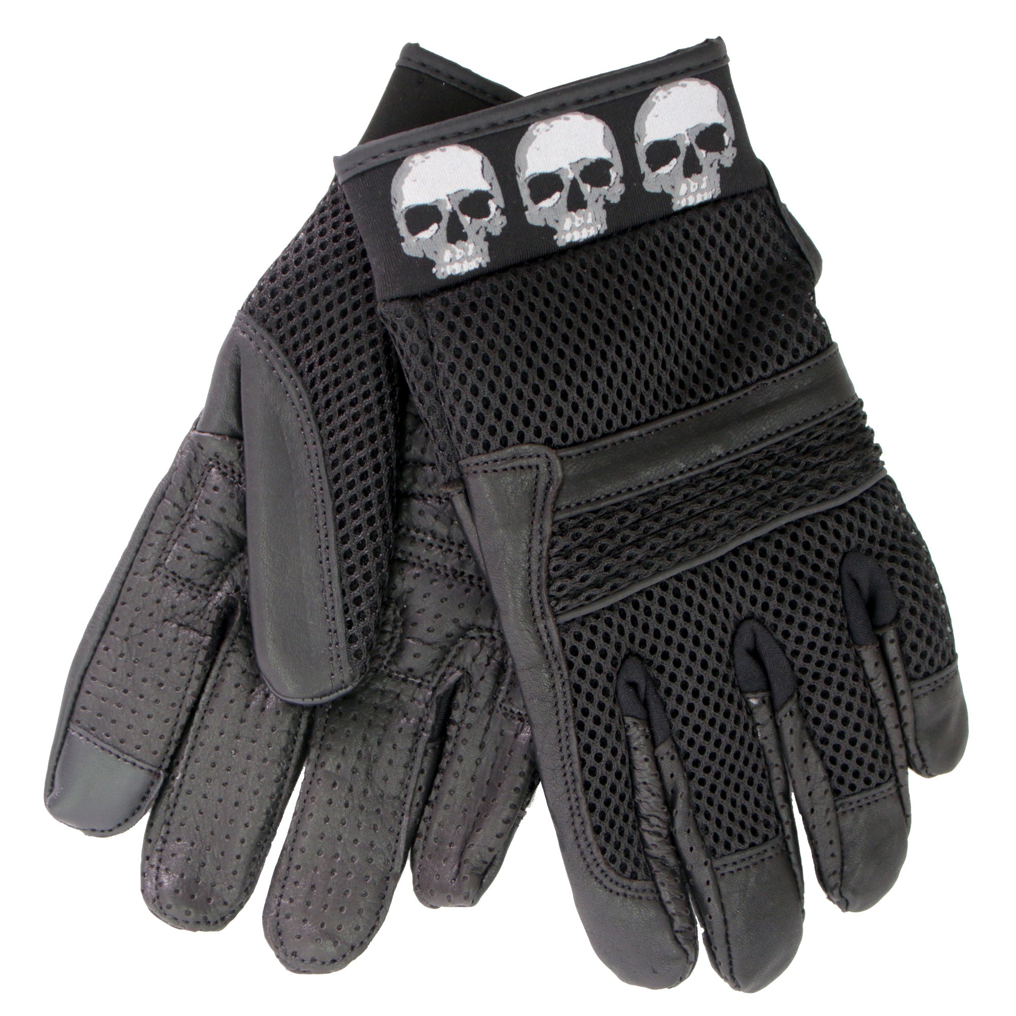 Hot Leathers GVM1301 Uni-Sex Black 'Row of Skulls' Leather and Mesh Gloves