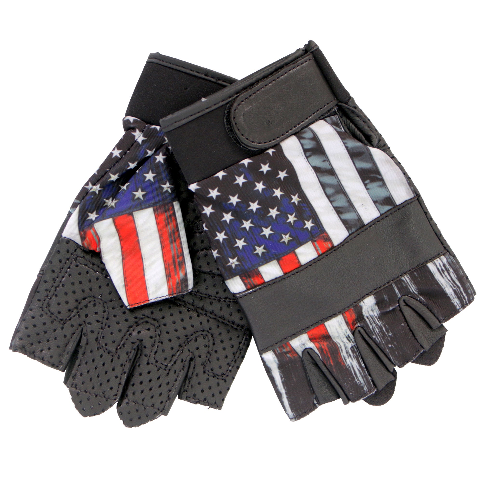 Hot Leathers GVM3008 Black 'Heartbeat USA Flag' Fingerless Leather Gloves