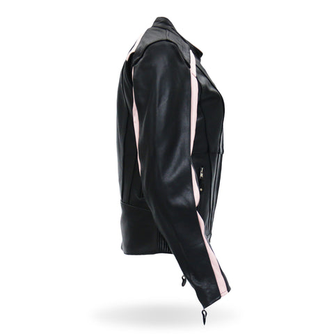 Hot Leathers JKL1022 Pink Striped Motorcycle Leather Biker Jacket with Reflective Piping