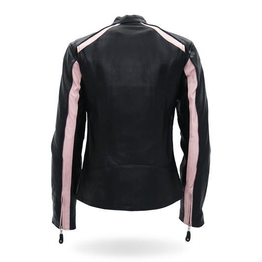 Hot Leathers JKL1022 Pink Striped Motorcycle Leather Biker Jacket with Reflective Piping