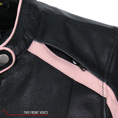 Hot Leathers JKL1022 Pink Striped Motorcycle Leather Biker Jacket with Reflective Piping