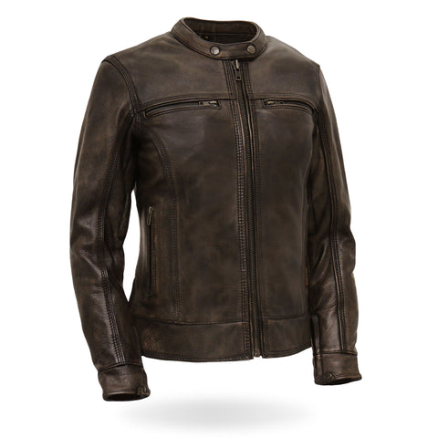 Hot Leathers JKL1024 Ladies Distressed Brown Motorcycle Leather Biker Jacket with  Concealed carry Pockets