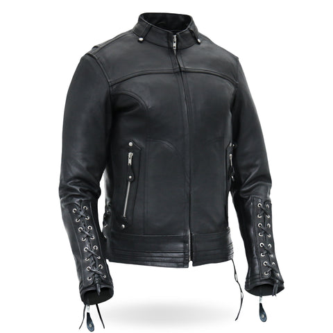 Hot Leathers JKL1025 Ladies Motorcycle style Lace Up Sleeves Leather Biker Jacket