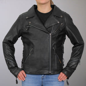 Hot Leathers JKL1027 Ladies Black Lace Detail Carry Conceal Leather Motorcycle Biker Jacket