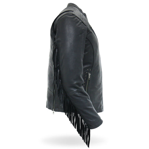 Hot Leathers JKL1028 Studs and Fringe Ladies Black Motorcycle style Carry Conceal Leather Biker Jacket