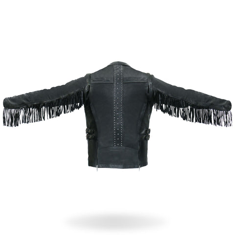 Hot Leathers JKL1028 Studs and Fringe Ladies Black Motorcycle style Carry Conceal Leather Biker Jacket