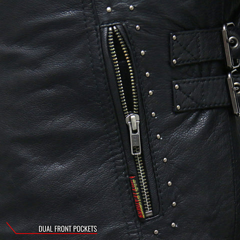 Hot Leathers JKL1028 Studs and Fringe Ladies Black Motorcycle style Carry Conceal Leather Biker Jacket