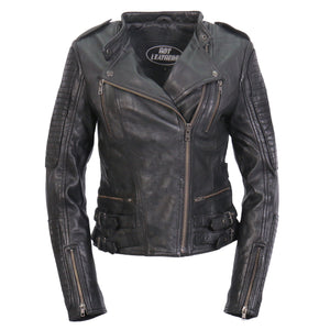 Hot Leathers JKL1030 Ladies Lightweight Motorcycle Black Leather Biker Jacket with Side Buckles