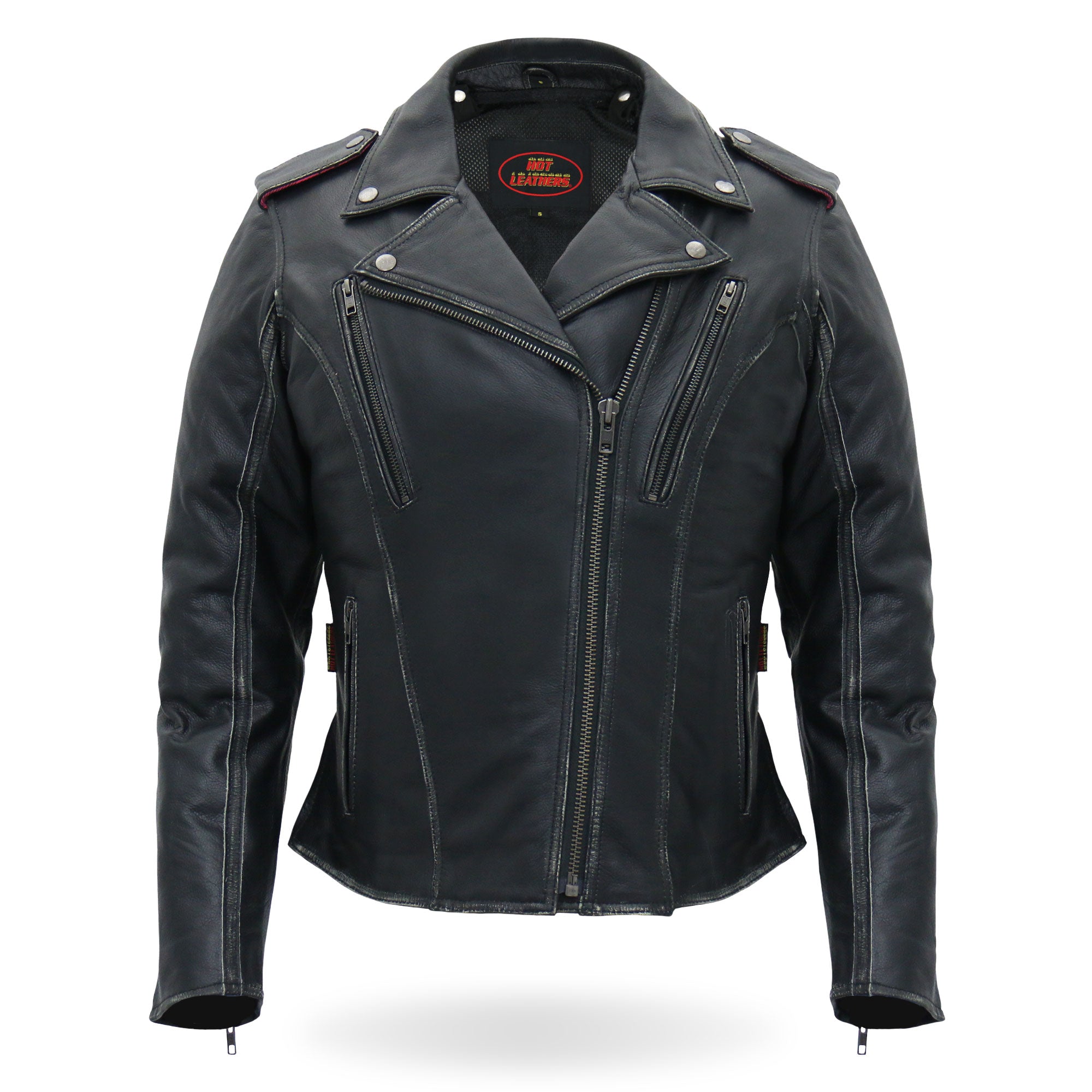 Hot Leathers JKL1033 Ladies Biker Black Leather Motorcycle Jacket with Removable Hoodie
