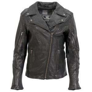 Hot Leathers JKL1034 Ladies Biker Black Leather Motorcycle Jacket with Plaid Flannel Lining