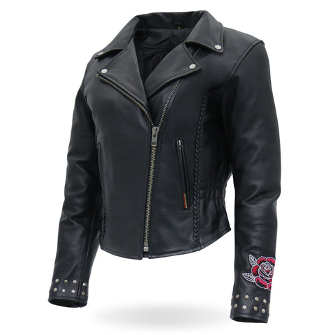 Hot Leathers JKL2001 Ladies Black Braided Motorcycle Leather Biker Jacket with Embroidered Bling Rose Design