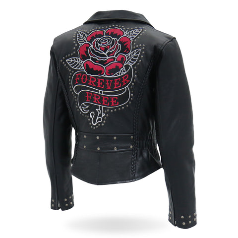 Hot Leathers JKL2001 Ladies Black Braided Motorcycle Leather Biker Jacket with Embroidered Bling Rose Design