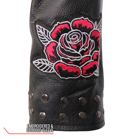 Hot Leathers JKL2001 Ladies Black Braided Motorcycle Leather Biker Jacket with Embroidered Bling Rose Design