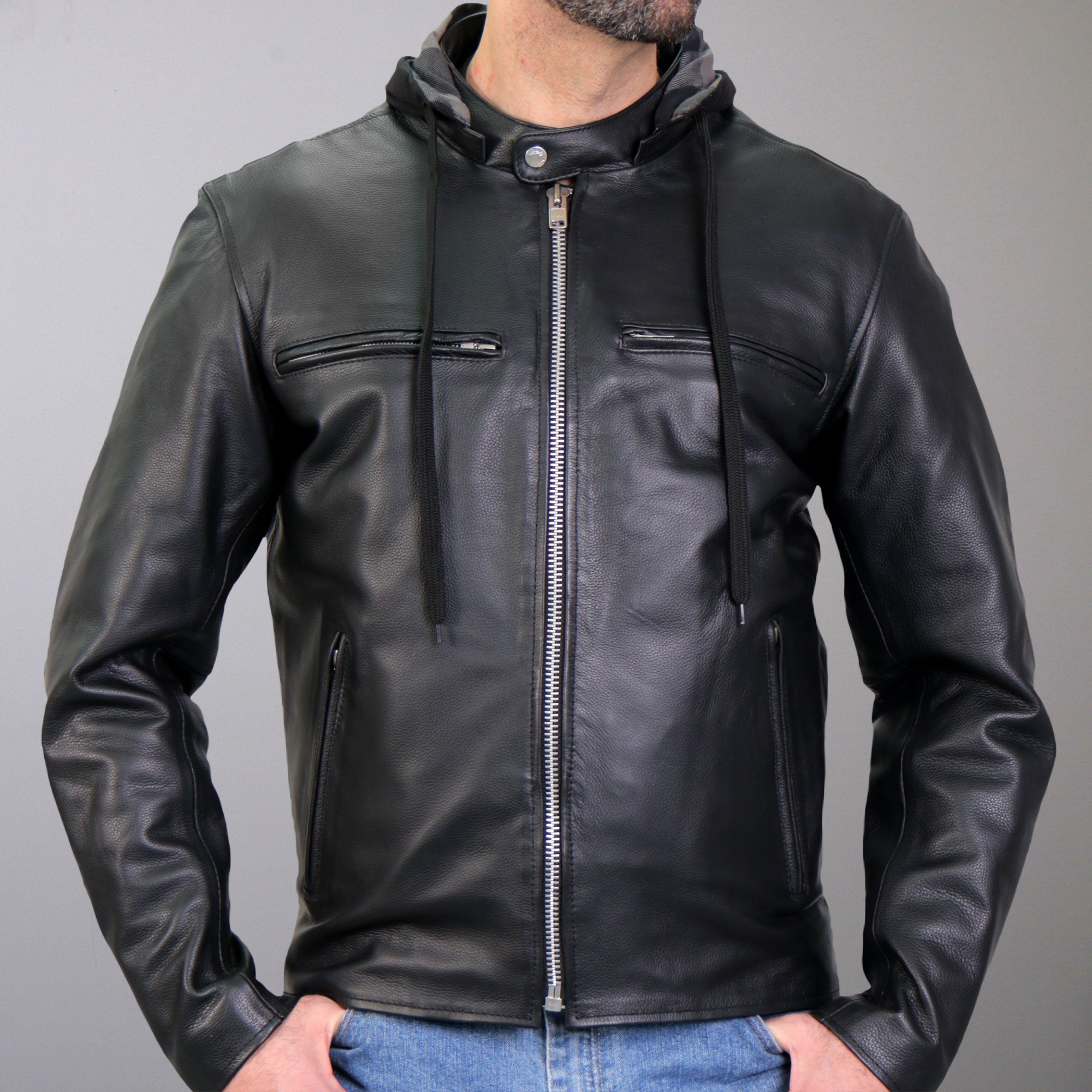 Hot Leathers JKM1030 Mens Black Motorcycle Carry and Conceal Leather Biker Jacket with Flannel Lined Hood
