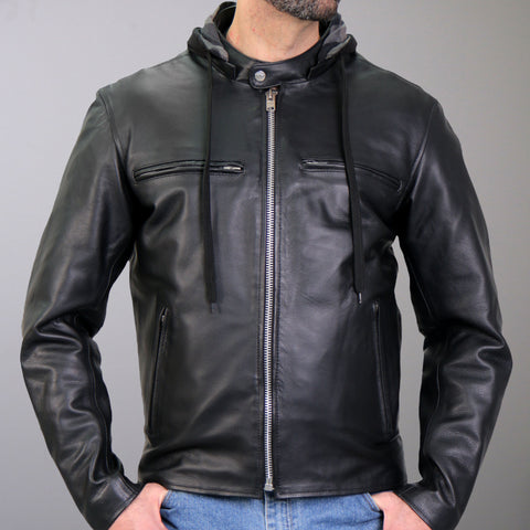 Leather jacket with cotton sleeves and hood sales