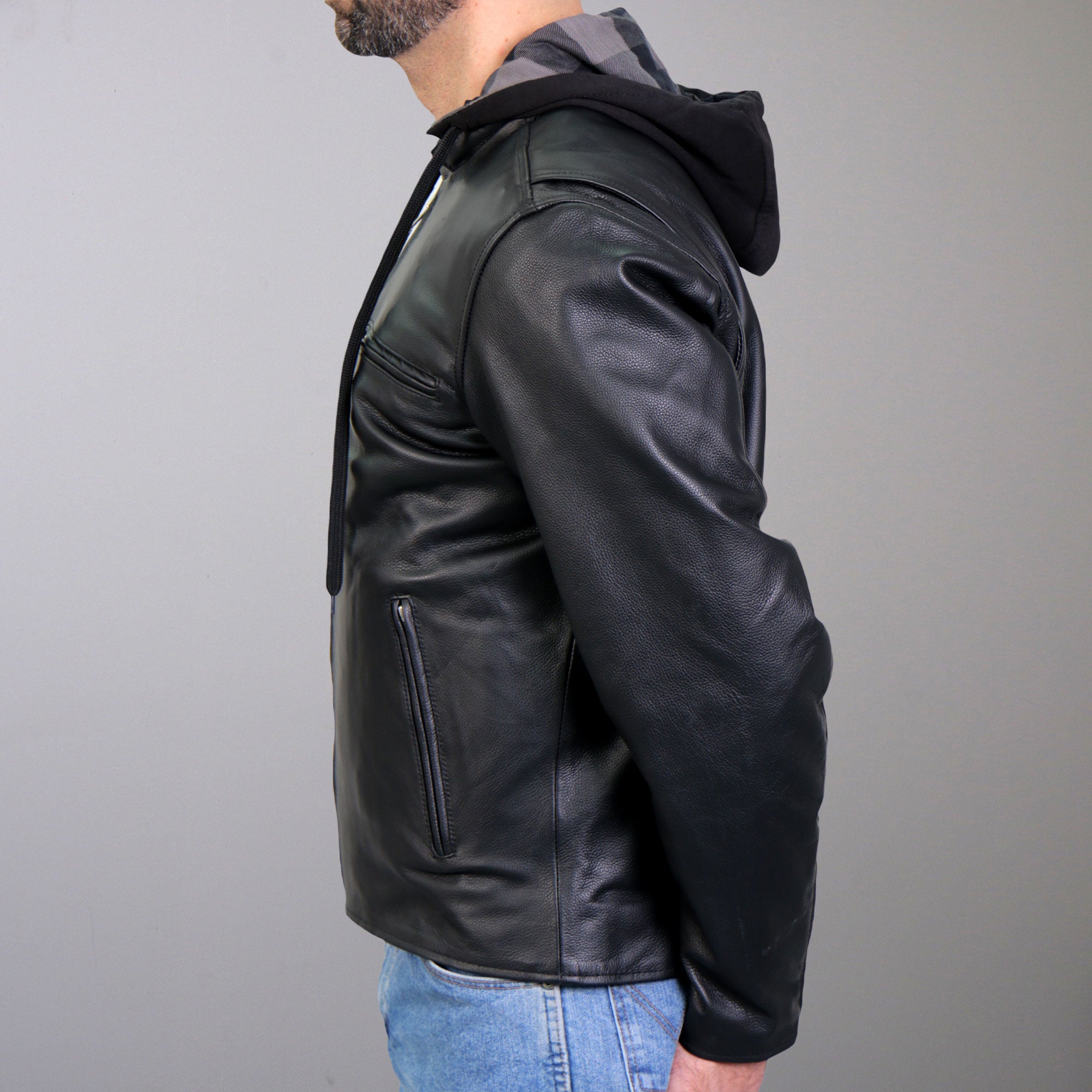 Hot Leathers JKM1030 Mens Black Motorcycle Carry and Conceal Leather Biker Jacket with Flannel Lined Hood
