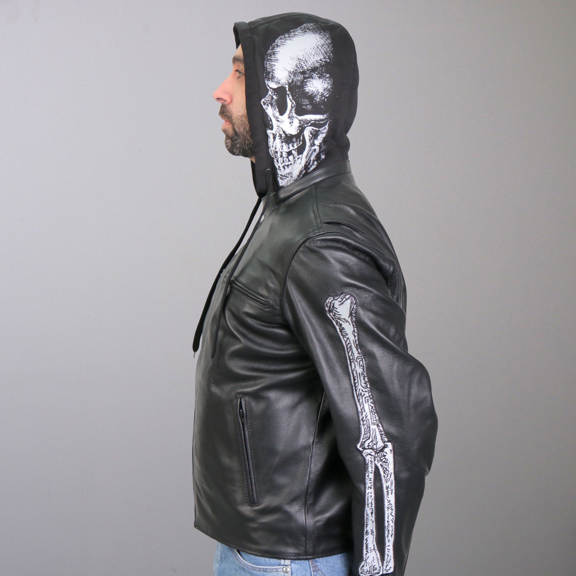 Hot Leathers JKM1031 Mens Biker  Skull and Bones Leather Motorcycle Jacket with Flannel Lining